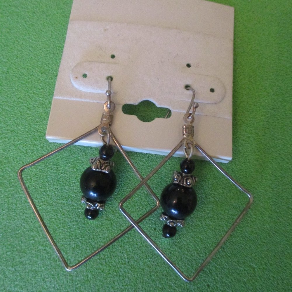 Pair of Pierced Silvertone Black Dangle Earrings